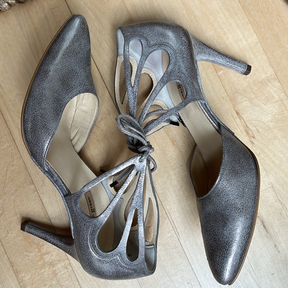 Paul Green Justine Leather Metallic Heels Ankle Lace - Picture 5 of 14